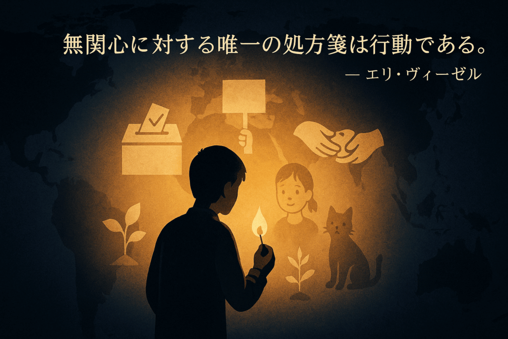 マッチの炎で希望と社会的行動の象徴を照らす少年と、エリ・ヴィーゼルの名言