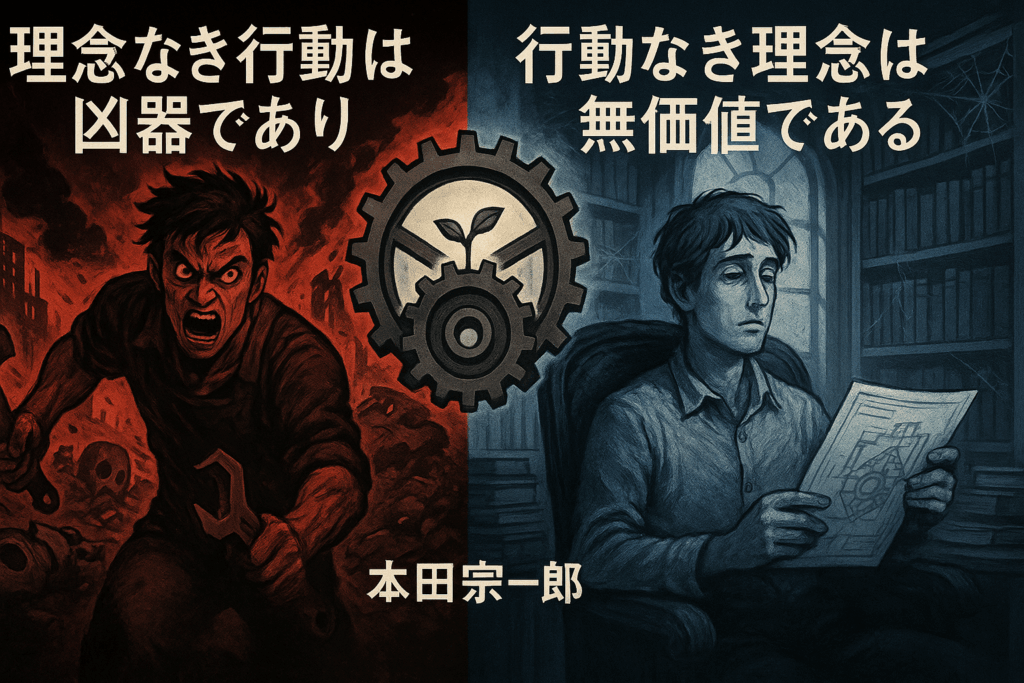 左側に理念なき行動の危険性を象徴する怒れる人物、右側に行動なき理念の無価値を示す無気力な人物の対比を描いた画像