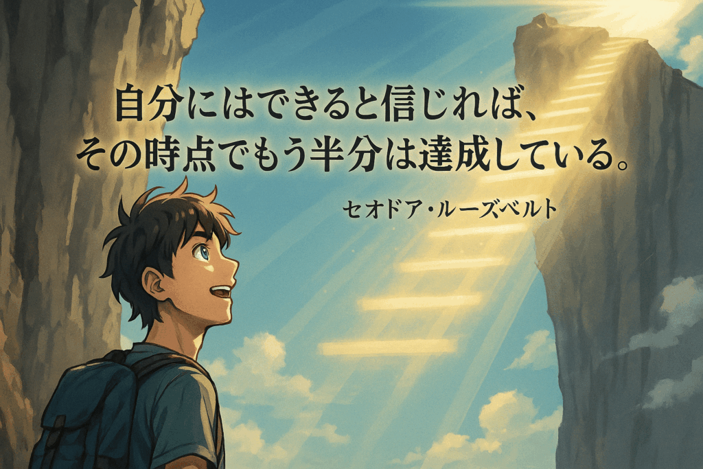 信じる力と達成の象徴として、空に向かう光の階段を見上げる少年のイラストとセオドア・ルーズベルトの名言