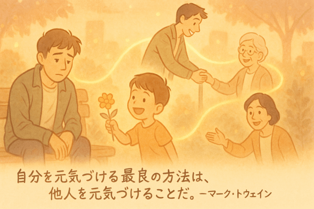 他人を元気づけることで自分も元気になることを描いた心温まるイラストとマーク・トウェインの名言