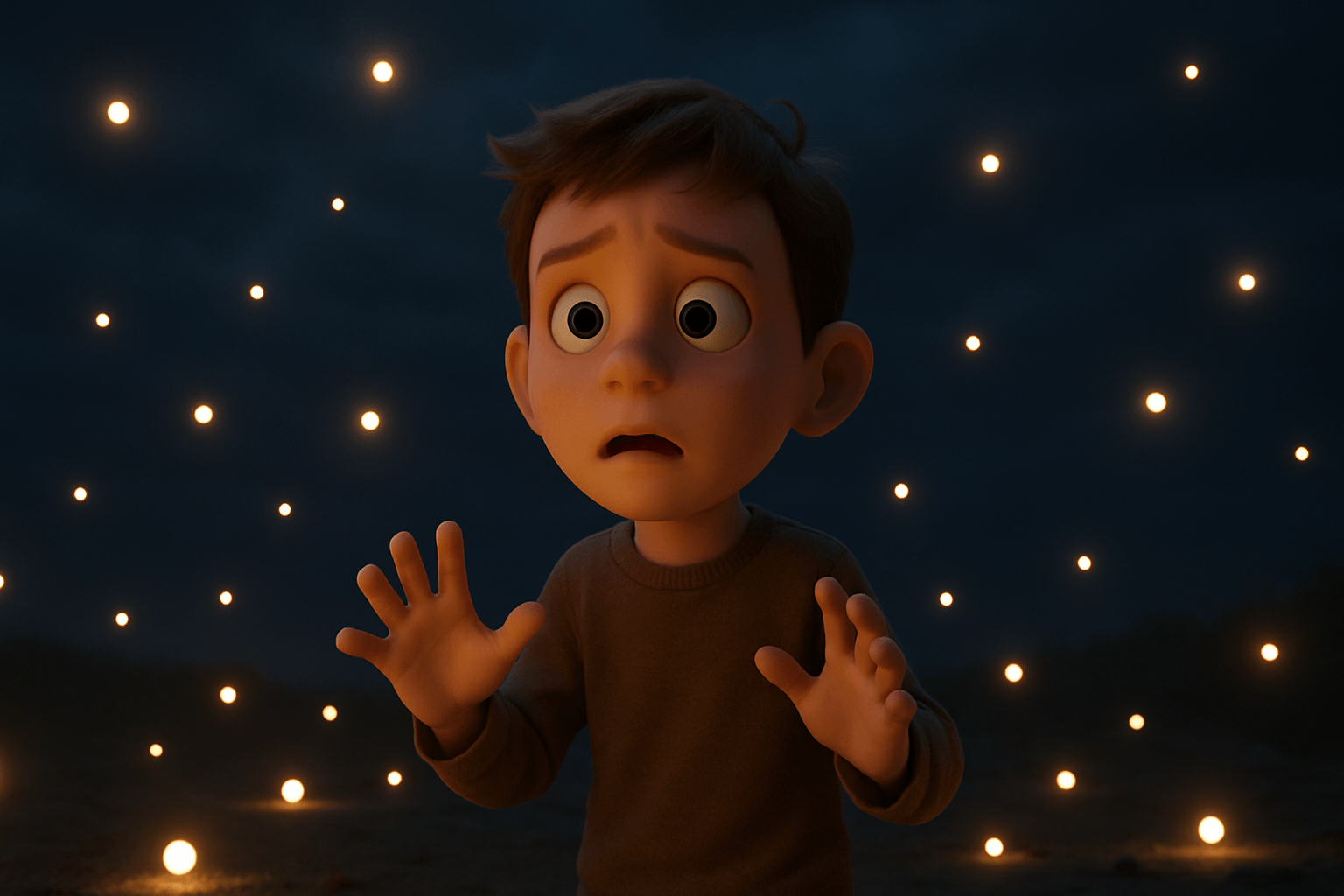 闇の中で光の点に囲まれ、驚き不安そうにして立ち尽くす少年の3Dイラスト