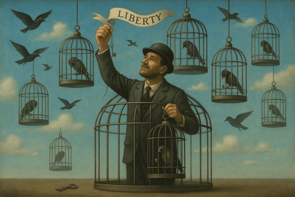 鍵を持って自らの檻を開け、「LIBERTY(自由)」と書かれた旗を掲げる男性のイラスト