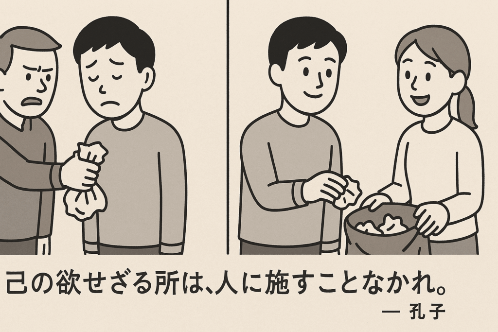 自分が望まないことを他人にしてはならないという孔子の教えを伝える対比イラストと彼の名言