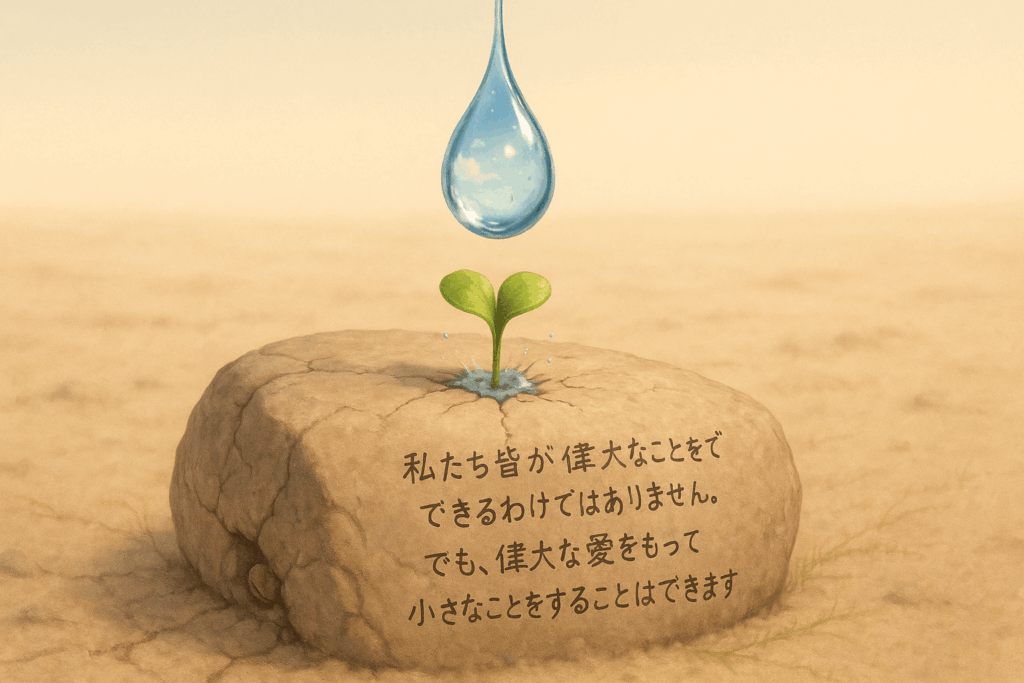 乾いた大地の上にある岩から出る芽に滴る水を描いたイラストとマザー・テレサの名言