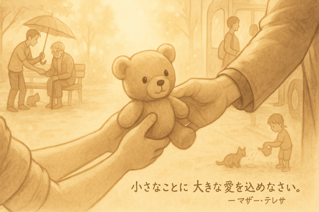 思いやりのある行動をしている人々のシーンを背景に、テディベアを手渡す人を描いたイラストと、マザー・テレサの名言