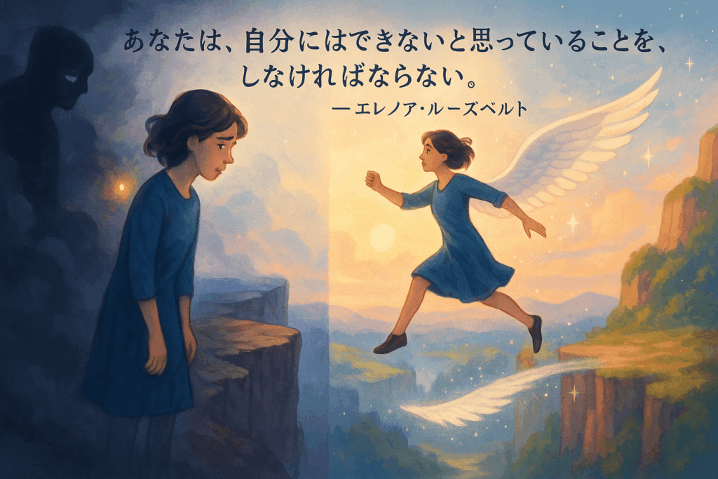自信を持てない少女が翼を得て崖から飛ぶ姿を描いたイラストとエレノア・ルーズベルトの名言