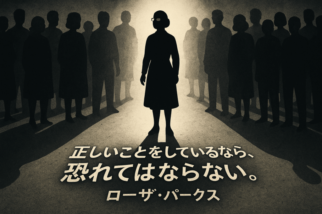 群衆の中で一人立ち上がる女性の影と、ローザ・パークスの名言