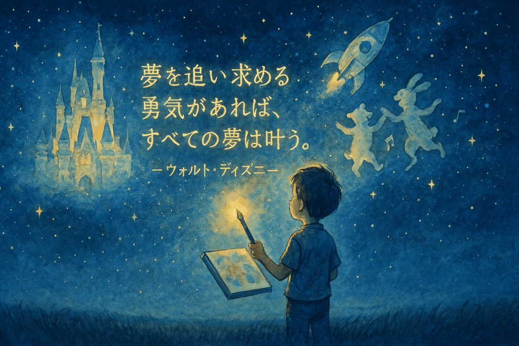 空に浮かぶ夢と一緒に描かれた少年のイラストとウォルト・ディズニーの名言