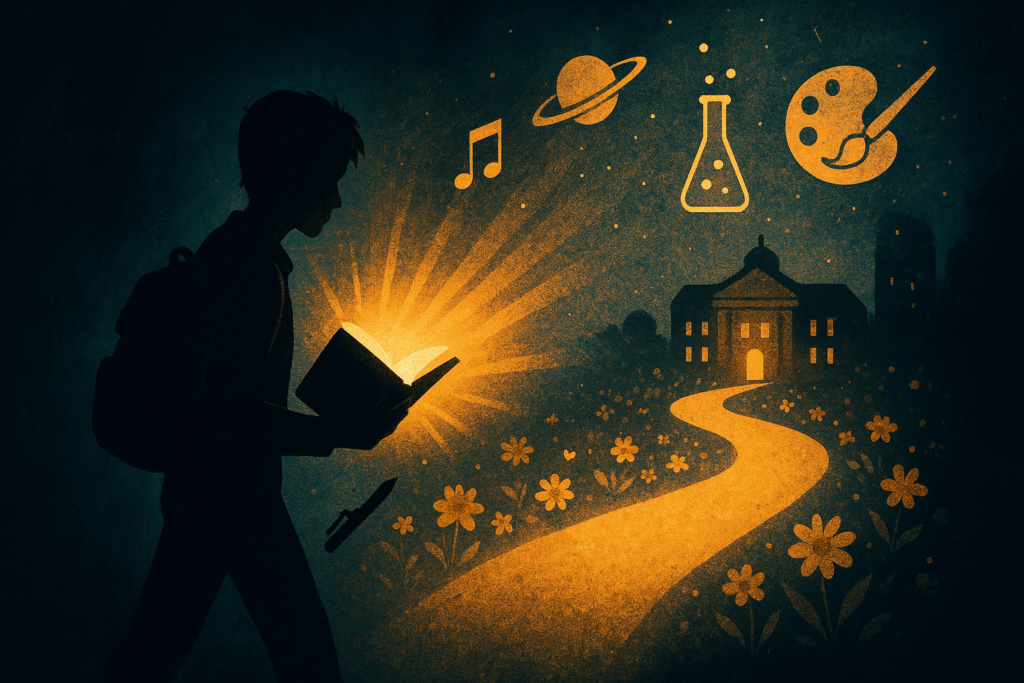 読書を通じて未来への道が開かれる様子を描いたイラスト