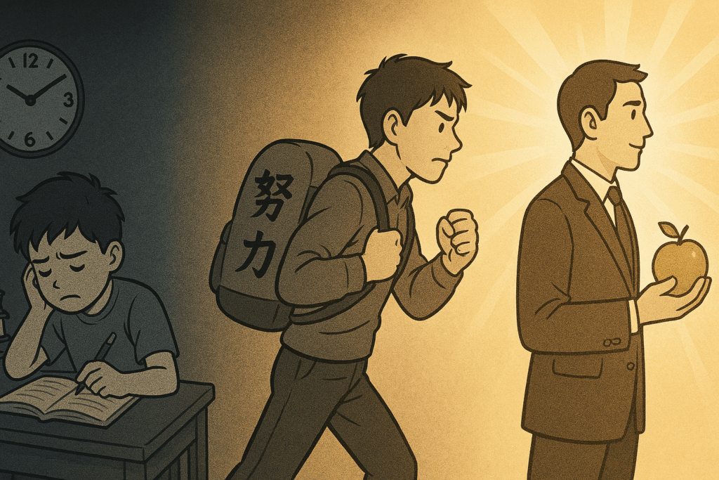 努力を重ねる少年が成長し、成功を手に入れる過程を描いたイラスト