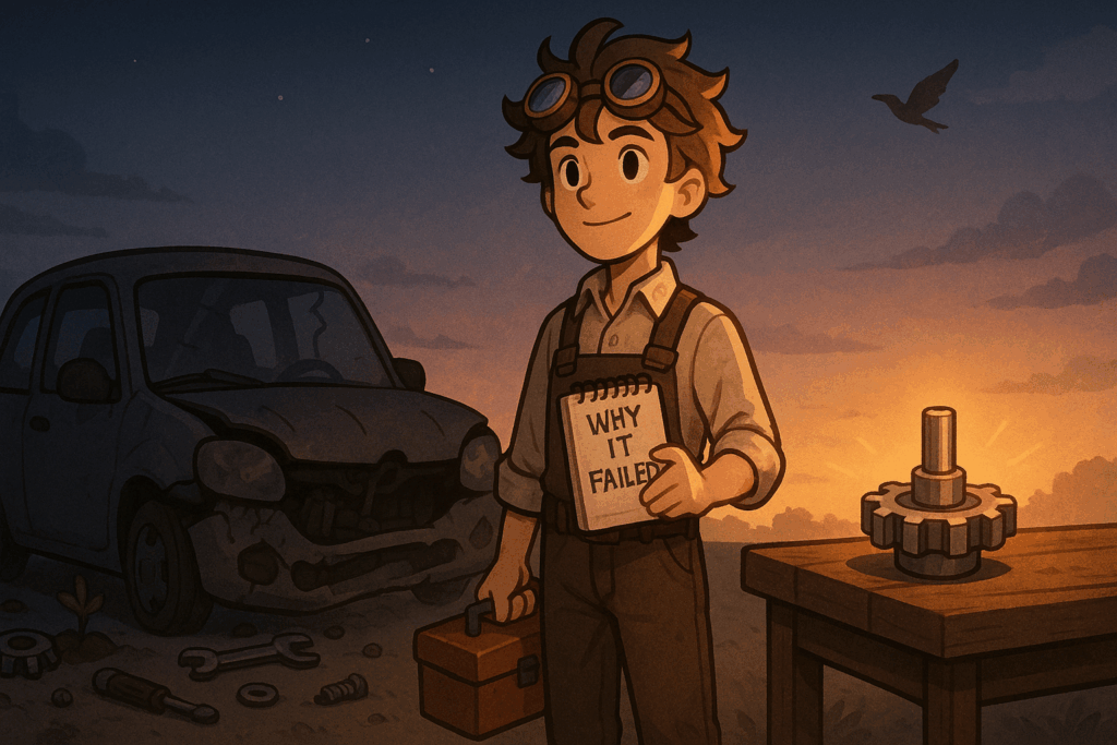 夕暮れの中、故障した車の前で「なぜ失敗したか」を考える整備士の青年を描いたイラスト