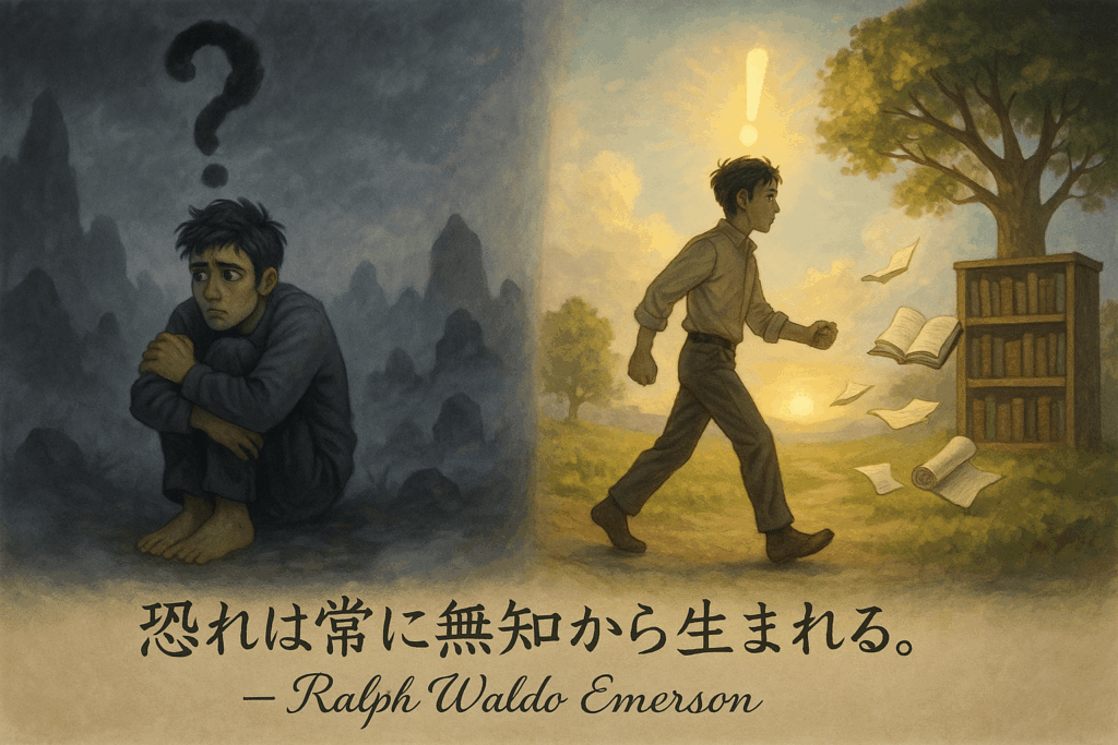 恐れと知識を対比したイラストとラルフ・エマーソンの名言