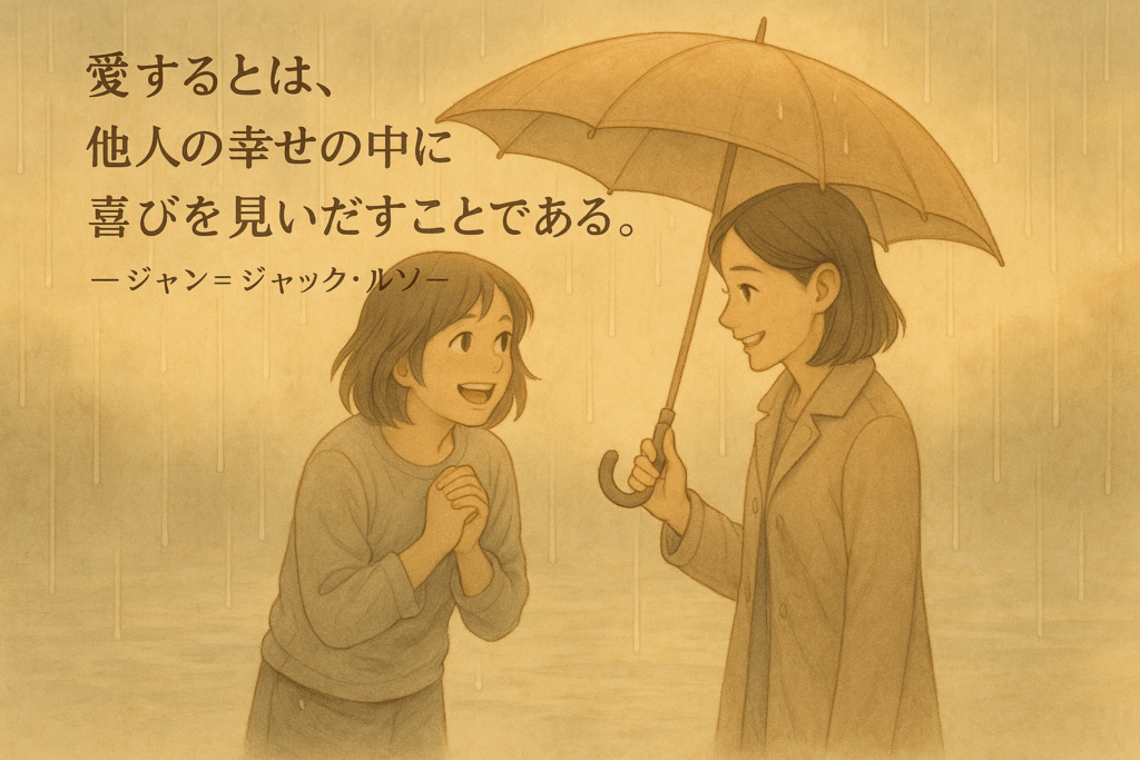 雨の中で、傘を差し出して他人の幸せを喜ぶ心を描いたイラストとジャン=ジャック・ルソーの名言
