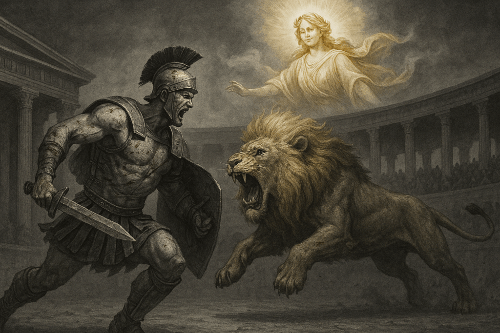 闘技場でバーバリライオンと決闘する古代ギリシャの剣闘士と運命を象徴する女神のイラスト