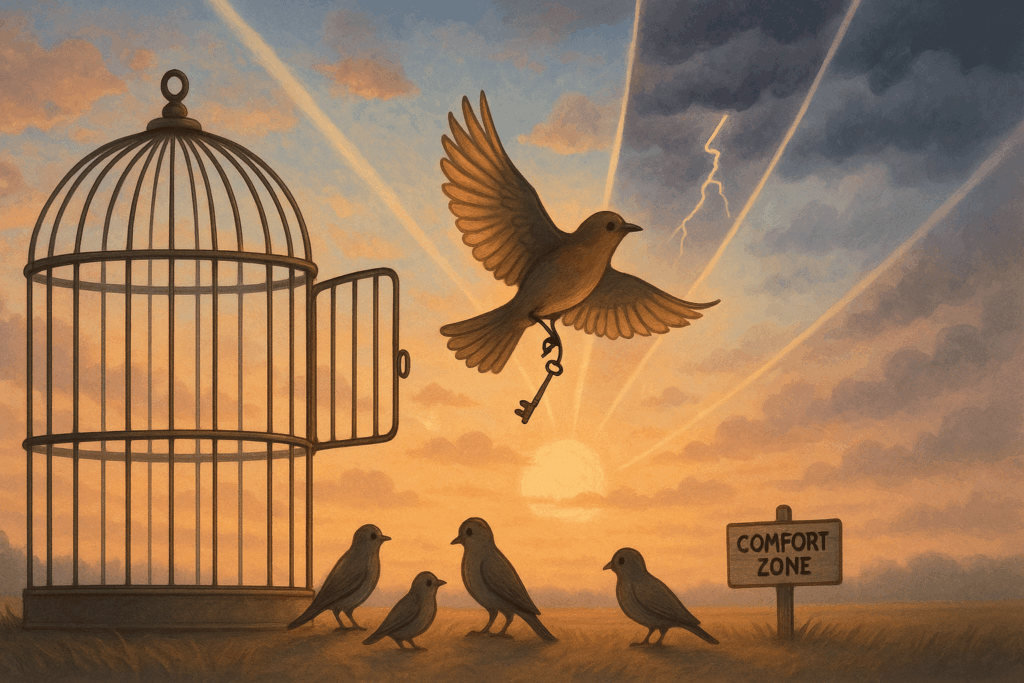 一羽の鳥が檻から出た後、「COMFORT ZONE」の看板前で、鍵を持って飛び立つ様子を描いたイラスト