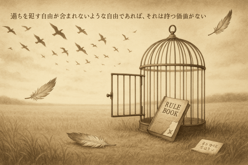 空に舞う鳥たち、開かれた鳥かごのイラストとマハトマ・ガンディーの名言