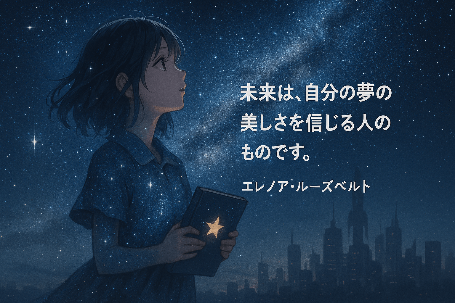 星空を見上げる少女のイラストと夢を信じる人の未来に関するエレノア・ルーズベルトの名言