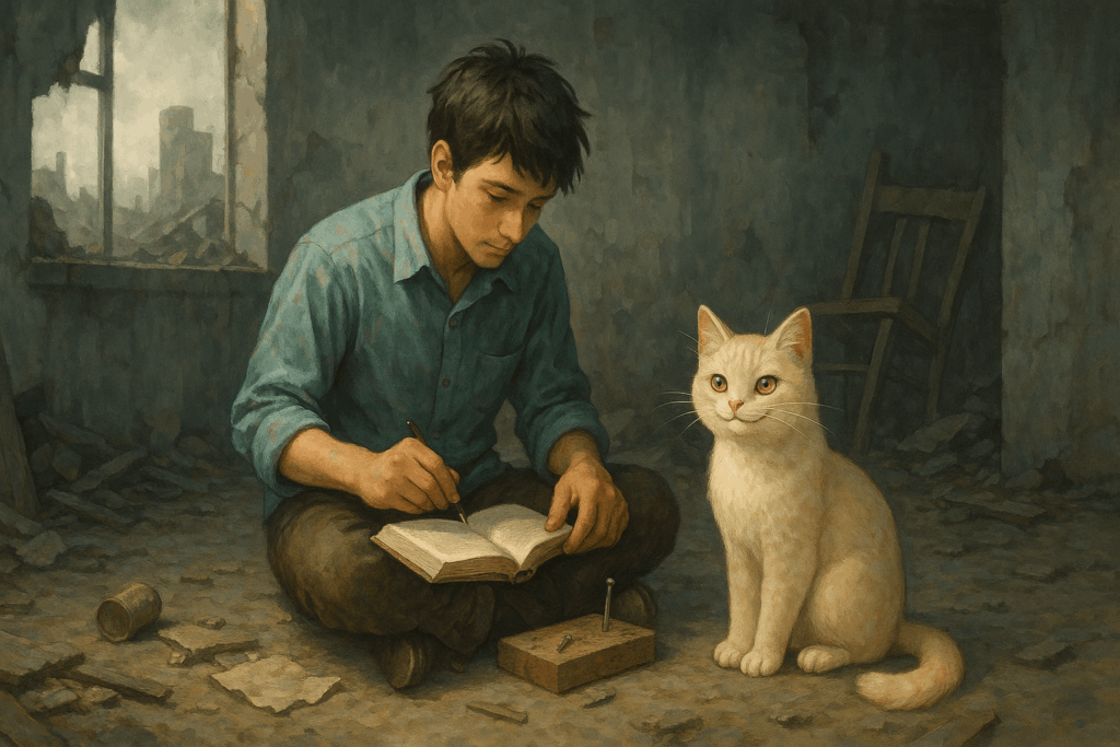 崩れた建物の中で希望をもって勉強する青年と、そばで見守る白い猫