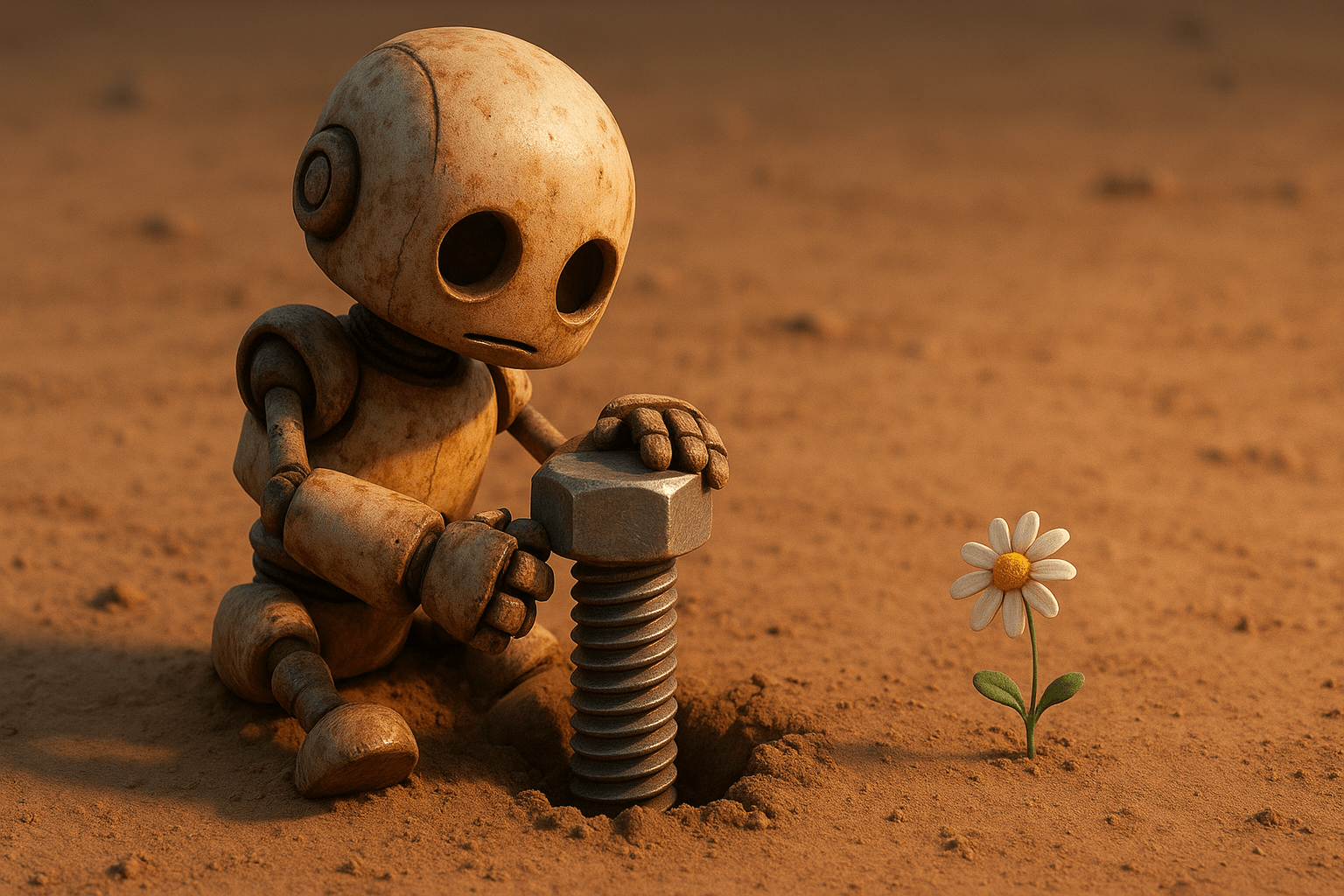 砂漠で大きなネジを地面に埋める錆びたロボットと、そのそばに咲く一輪の花を描いた3Dイラスト