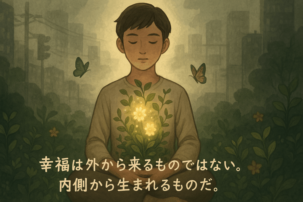内側から咲く花と光で幸福を表現した少年のイラストとヘレン・ケラーの名言