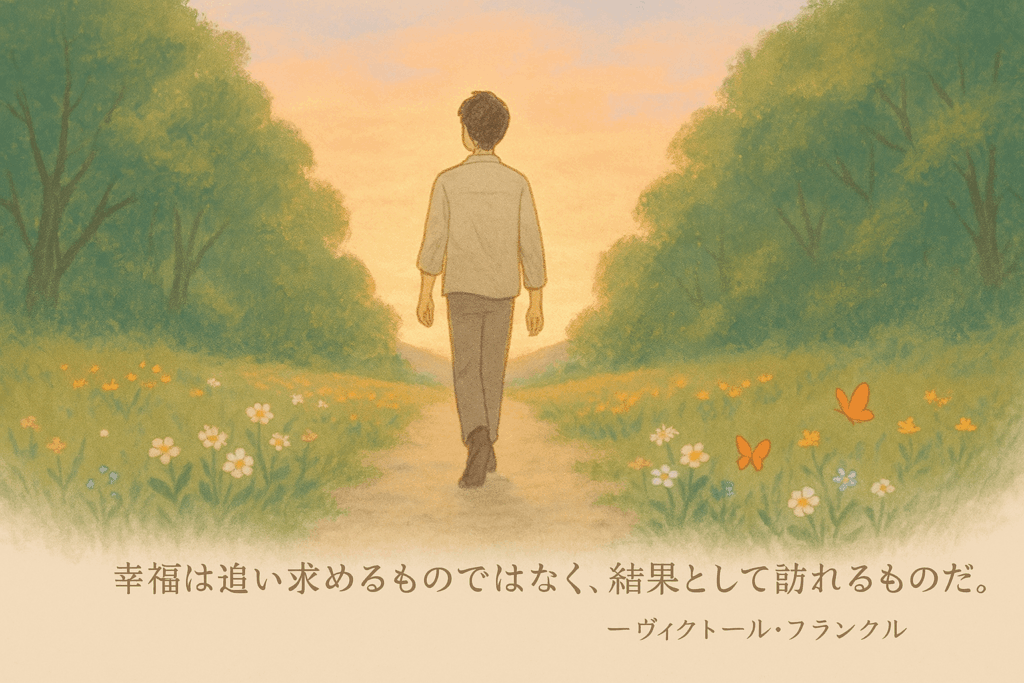 夕焼けの道を歩く男性のイラストとヴィクトール・フランクルの名言