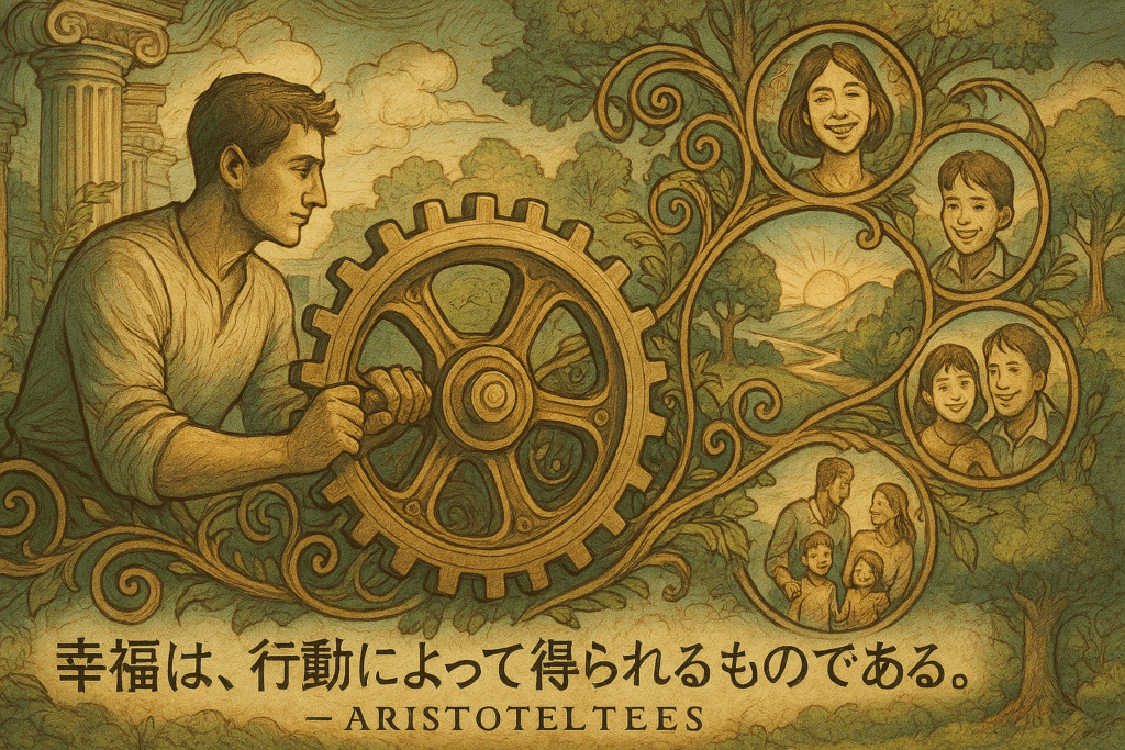 行動によって幸福を得ることを描いた男性と家族のイラストとアリストテレスの名言