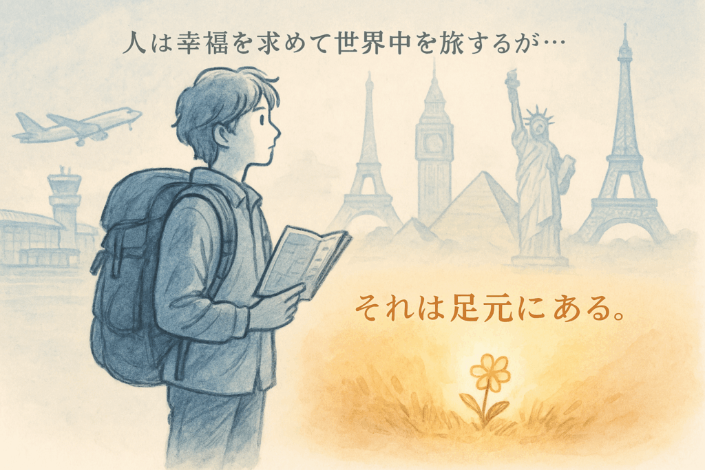 世界中を旅しても本当の幸福は足元にあることを描いた旅人のイラストとゲーテの名言