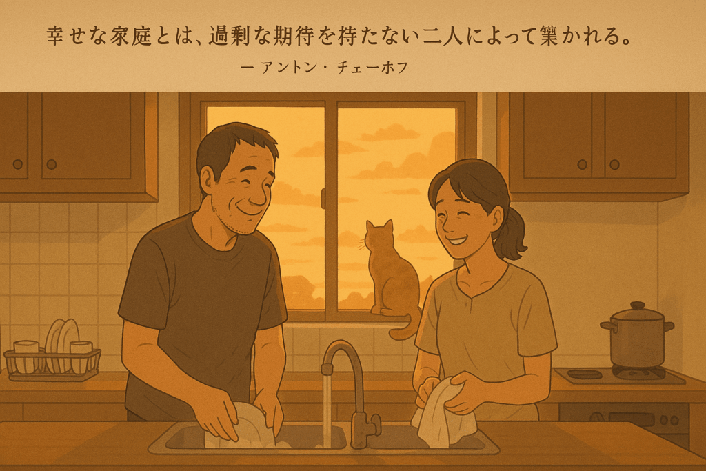 食器洗いをする夫婦の温かな日常のイラストとアントン・チェーホフの名言