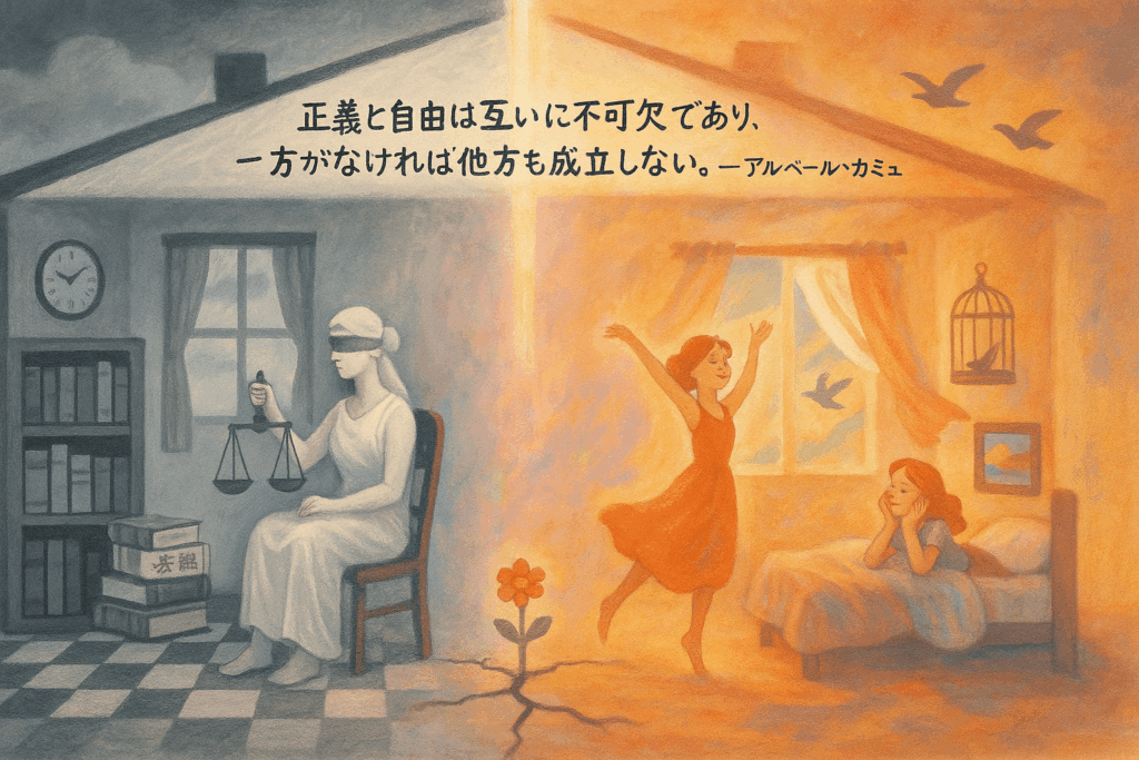 家の左に目隠しの正義像のような女性、右に自由に踊る少女が住んでいて、二つの間の地面がひび割れ花が咲いている様子を描いたイラストとアルベール・カミュの名言
