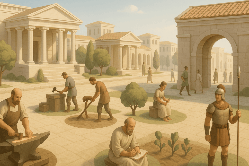 古代都市で市民が鍛冶や農業、執筆などの仕事をしている様子を描いたイラスト
