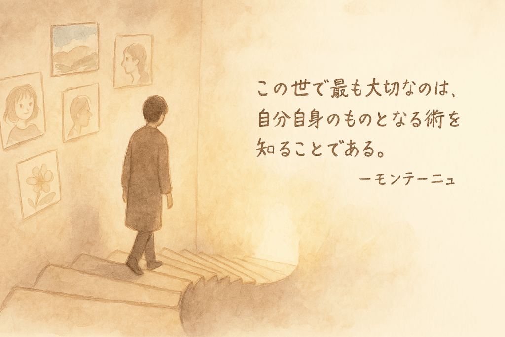 階段を降りる人物のイラストとミシェル・ド・モンテーニュの名言