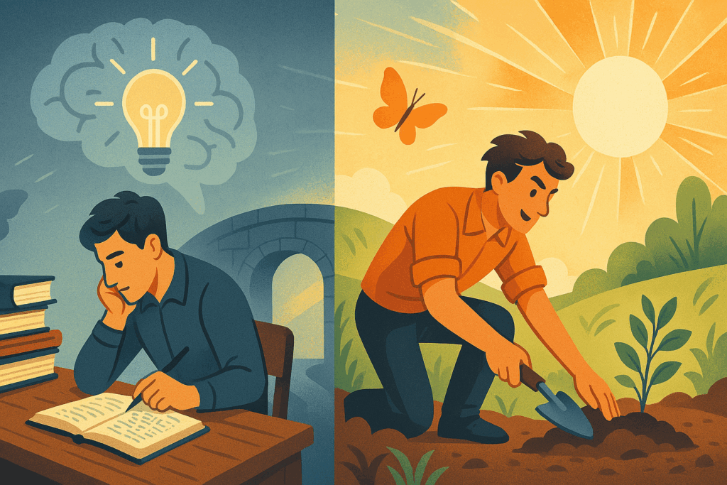 本を読み閃く青年と、本の知識を得て畑を耕す彼のイラスト