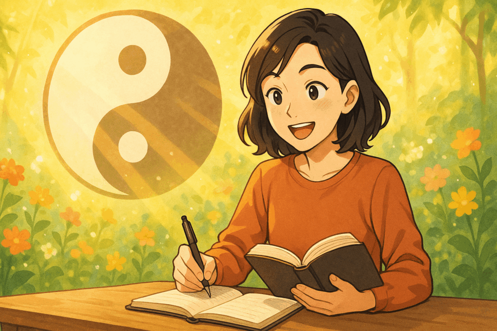 陰陽マークを背景に読書・執筆を楽しむ少女のイラスト