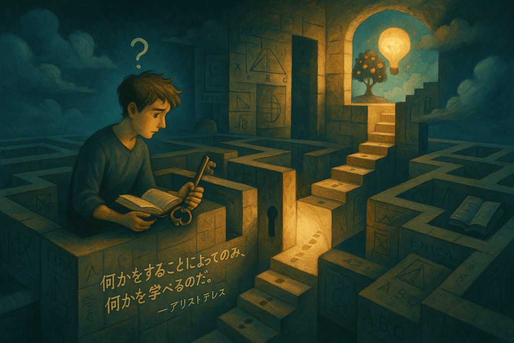 迷路の中で鍵と本を持ち、迷いながらも学びの扉へ向かう少年と、アリストテレスの名言