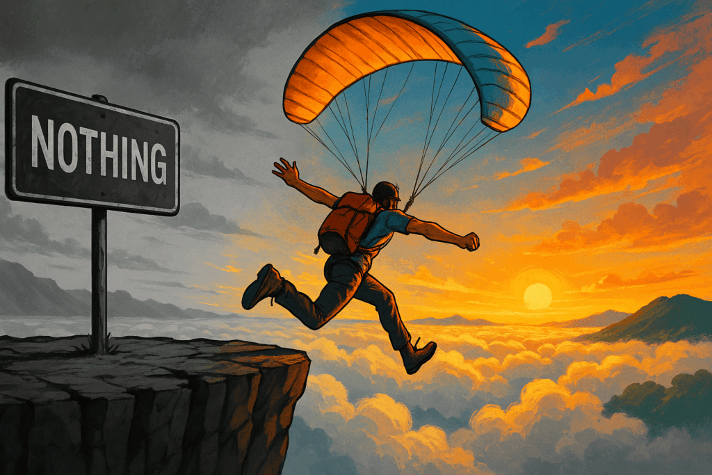 崖から飛び立つ人物と“NOTHING”の標識で挑戦の重要性を表すイラスト