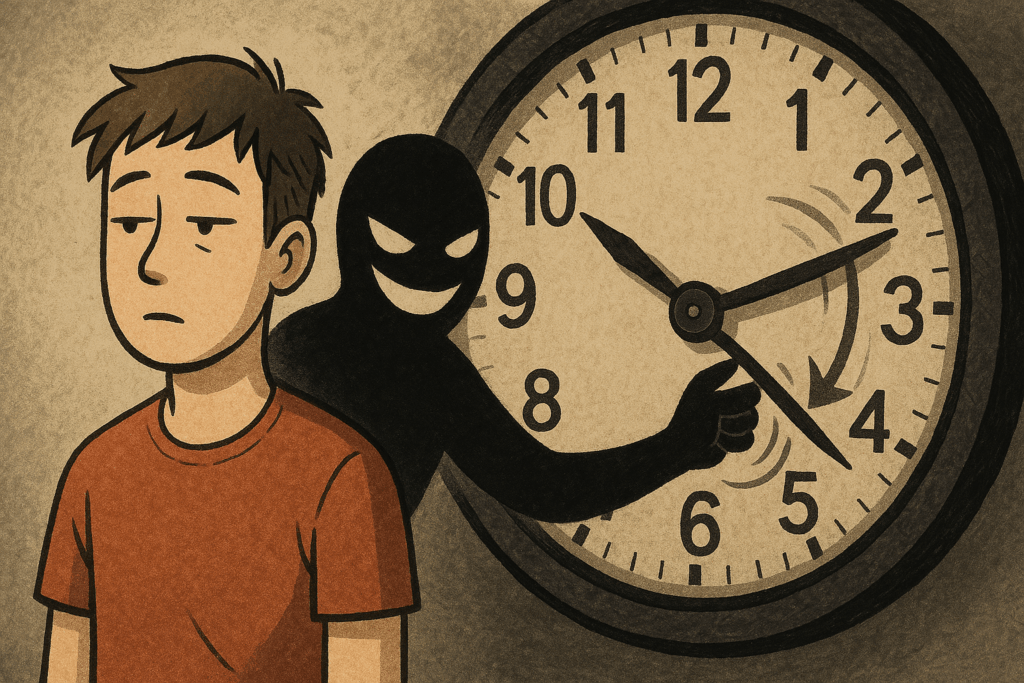 疲れた表情の少年の背後で、黒い影のような存在が時計の針を動かし、時間を盗んでいる様子を描いたイラスト