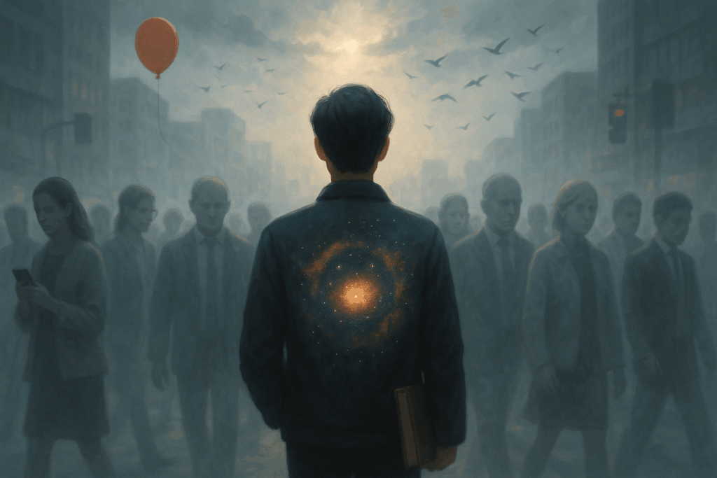 人混みの中で内面の宇宙を持つ一人の人物が浮き立つイラスト