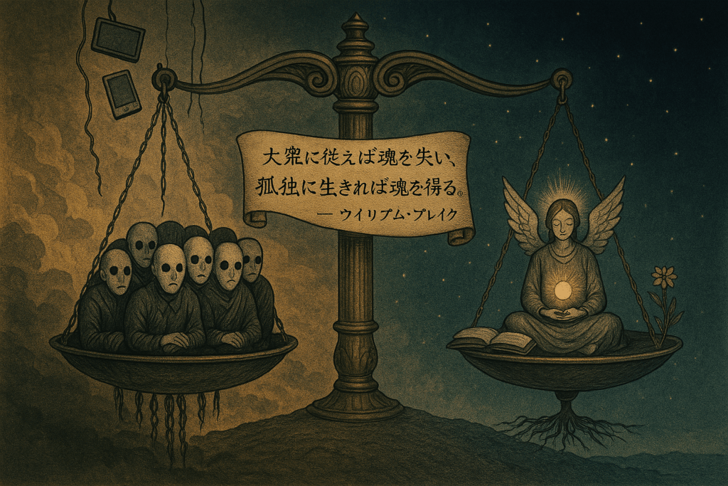 仮面をかぶった群衆と光る球を抱える天使を天秤にかけたイラストとウィリアム・ブレイクの名言