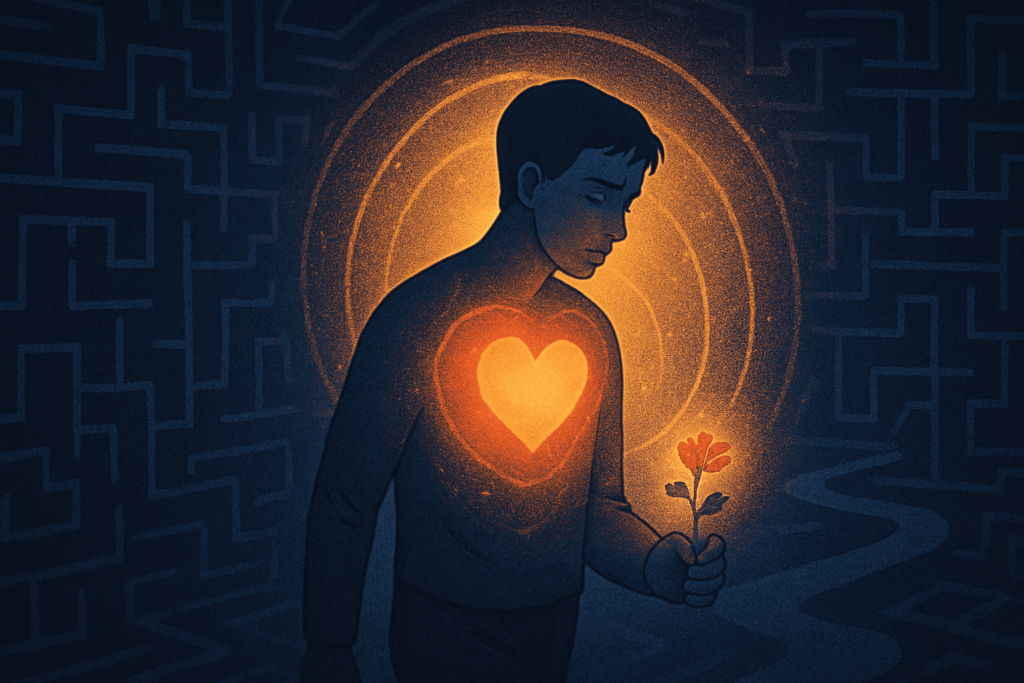 暗い迷路の中で、心の光と一輪の花を手に前進する少年のイラスト