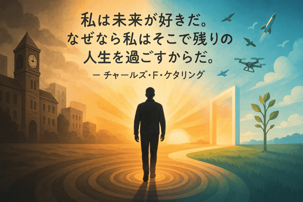 明るい未来へ向かう男性と、過去の建物と未来的な都市や飛行ドローンが描かれた風景の描かれたイラストとチャールズ・F・ケタリングの名言