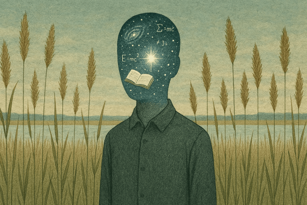 自然の中の葦と一体になる宇宙と本の描かれた頭部を持つ人物のイラスト
