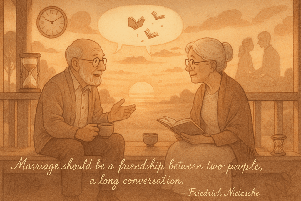夕陽を背景に語り合う老夫婦のイラストとフリードリヒ・ニーチェの名言