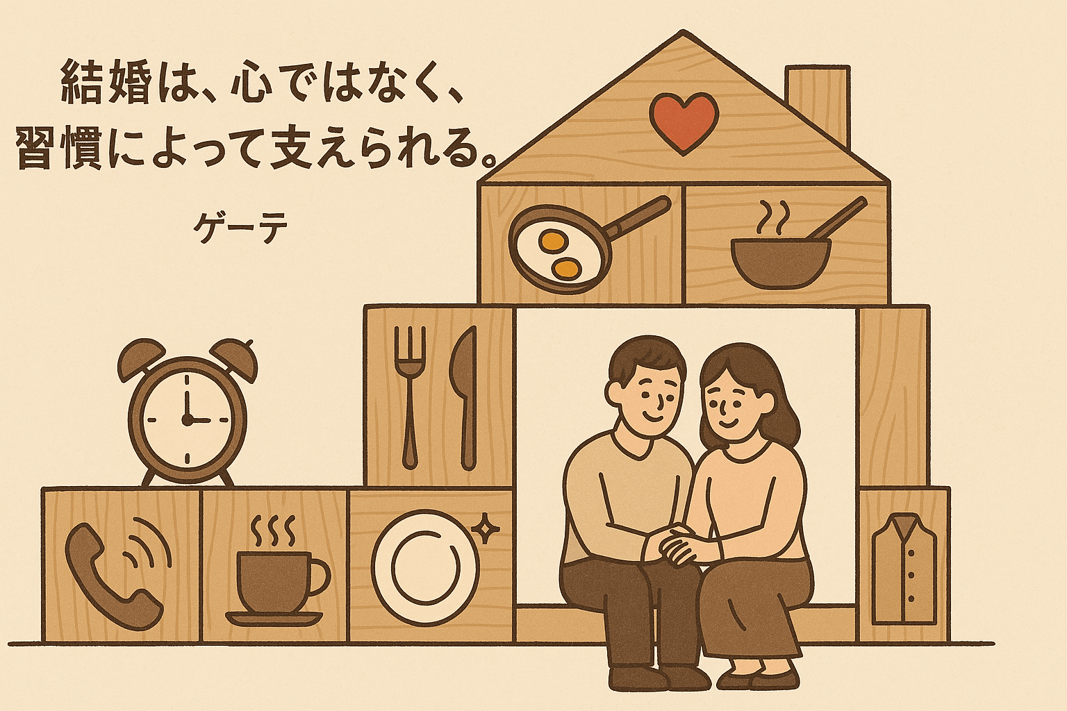 夫婦が家事などの習慣を描いたブロックでできた家の中に座るイラストとゲーテの名言