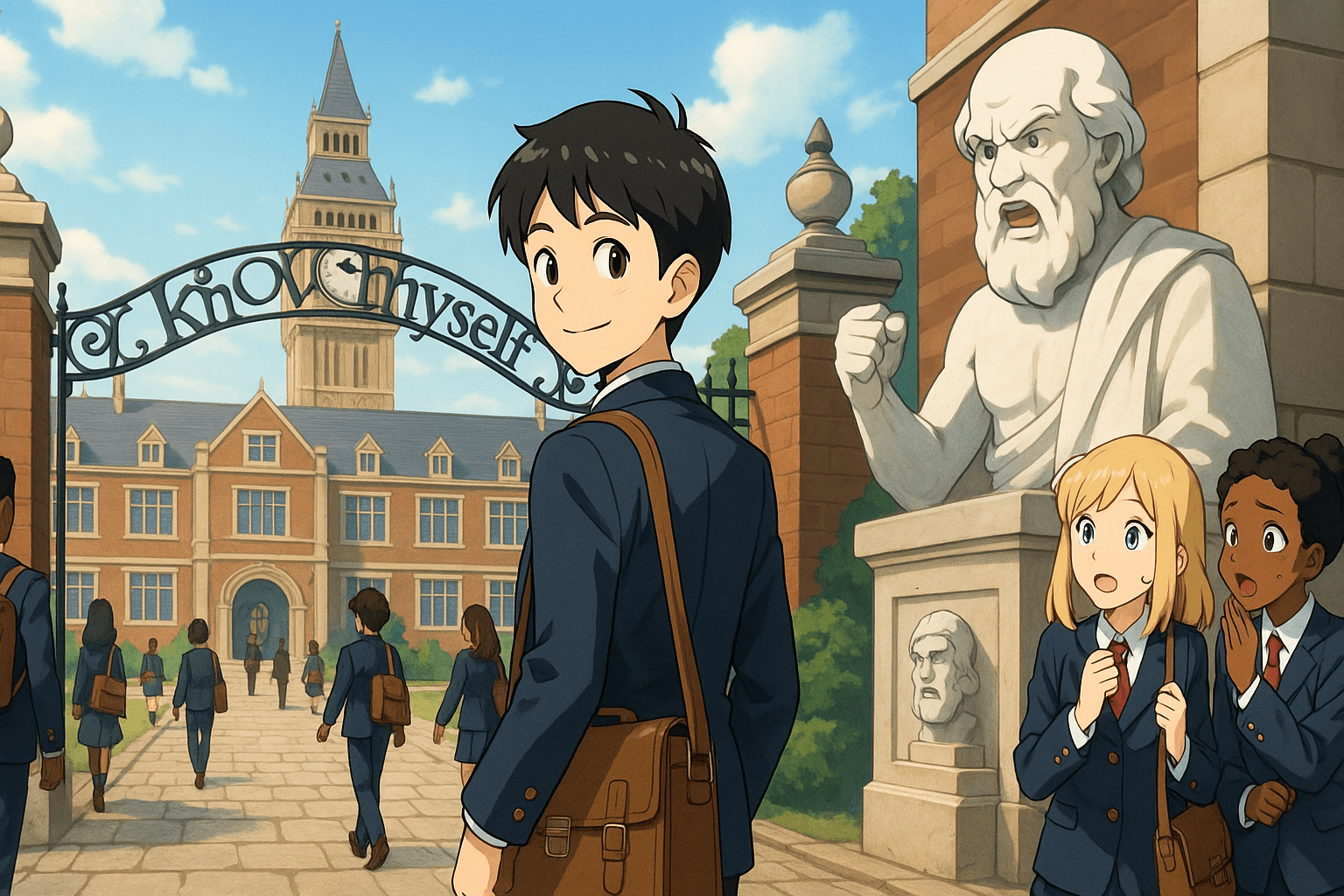 制服を着た学生たちが「Know thyself（汝自身を知れ）」と書かれた門をくぐり、ソクラテスの像が見守る西洋風の校舎に入っていく様子のアニメ風イラスト
