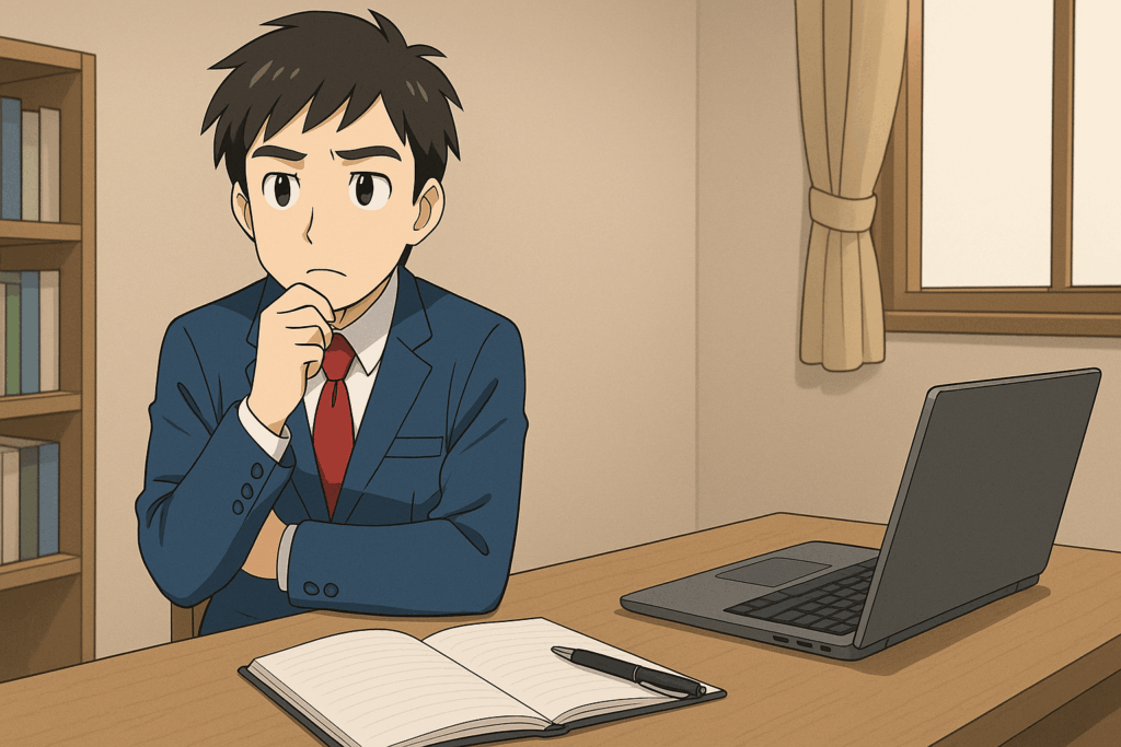 机で思案しながら、自分の言葉を考えている青いスーツ姿の男性。机の上にはパソコンとノートが置かれている。