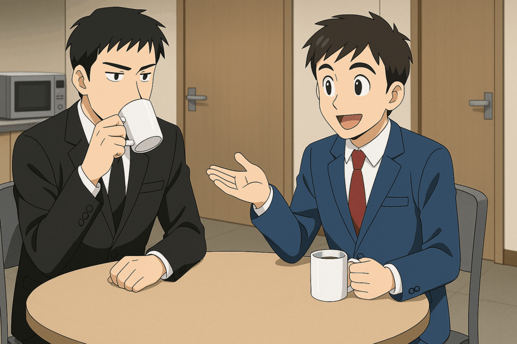 休憩室でコーヒーを飲む黒いスーツ姿の男性に、青いスーツ姿の男性が問いかけるように話す様子。