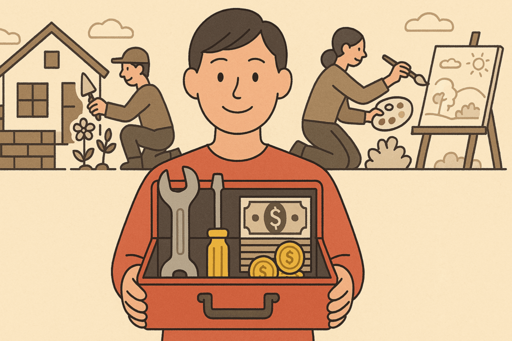 道具箱にお金と工具を入れた若者と、建築や絵画で働く人たちの背景のイラスト