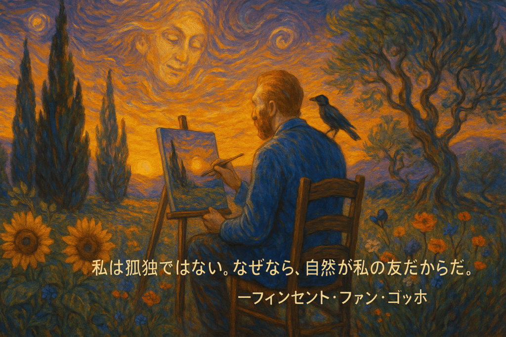 ひまわり畑で絵を描くフィンセント・ファン・ゴッホのイラストと彼の名言