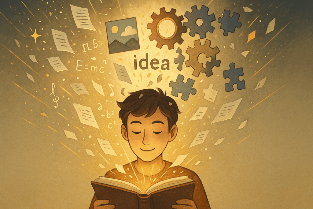本を読む少年の周りに知識やアイデアが広がっていく様子を描いたイラスト
