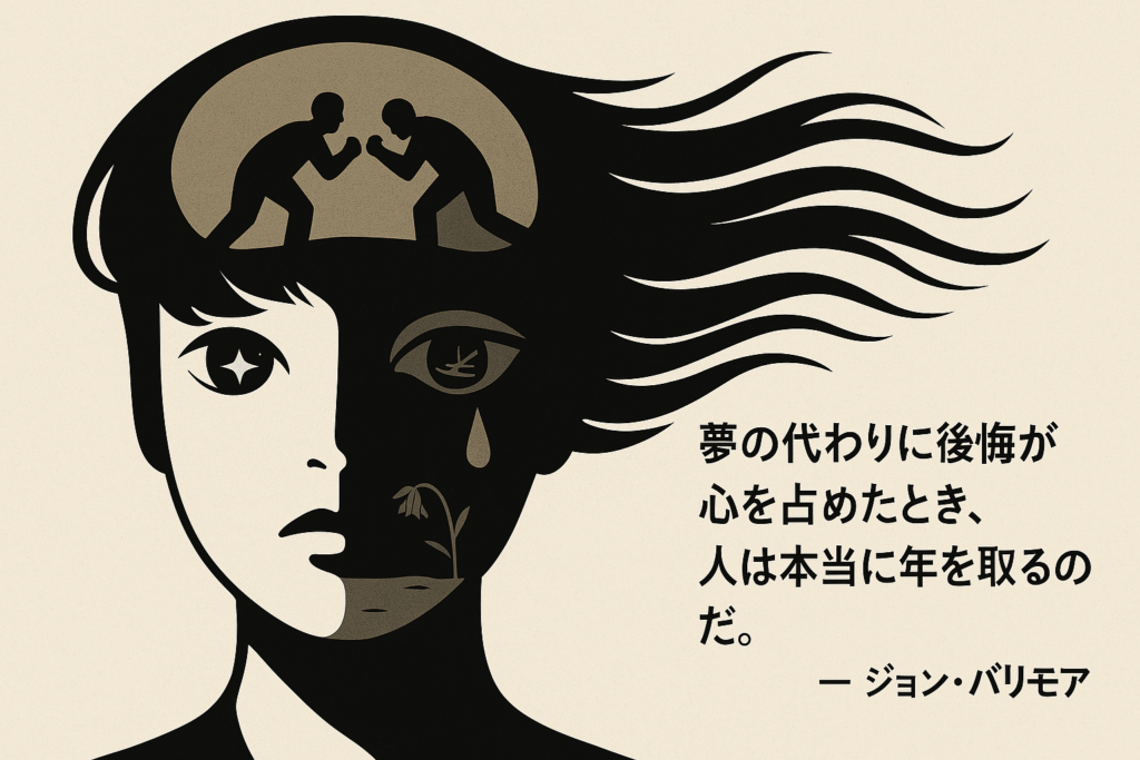 モノクロと涙の中に夢と後悔の葛藤が描かれた女性の顔のイラストとジョン・バリモアの名言